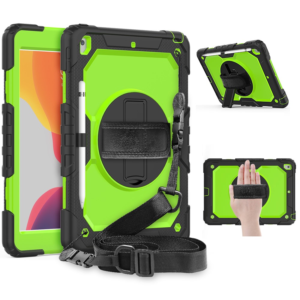 For iPad 10.2 (2020)/(2019) 360° Swivel Kickstand PC + Silicone Tablet Case Hand Strap Protective Cover with Shoulder Strap - Black/Green