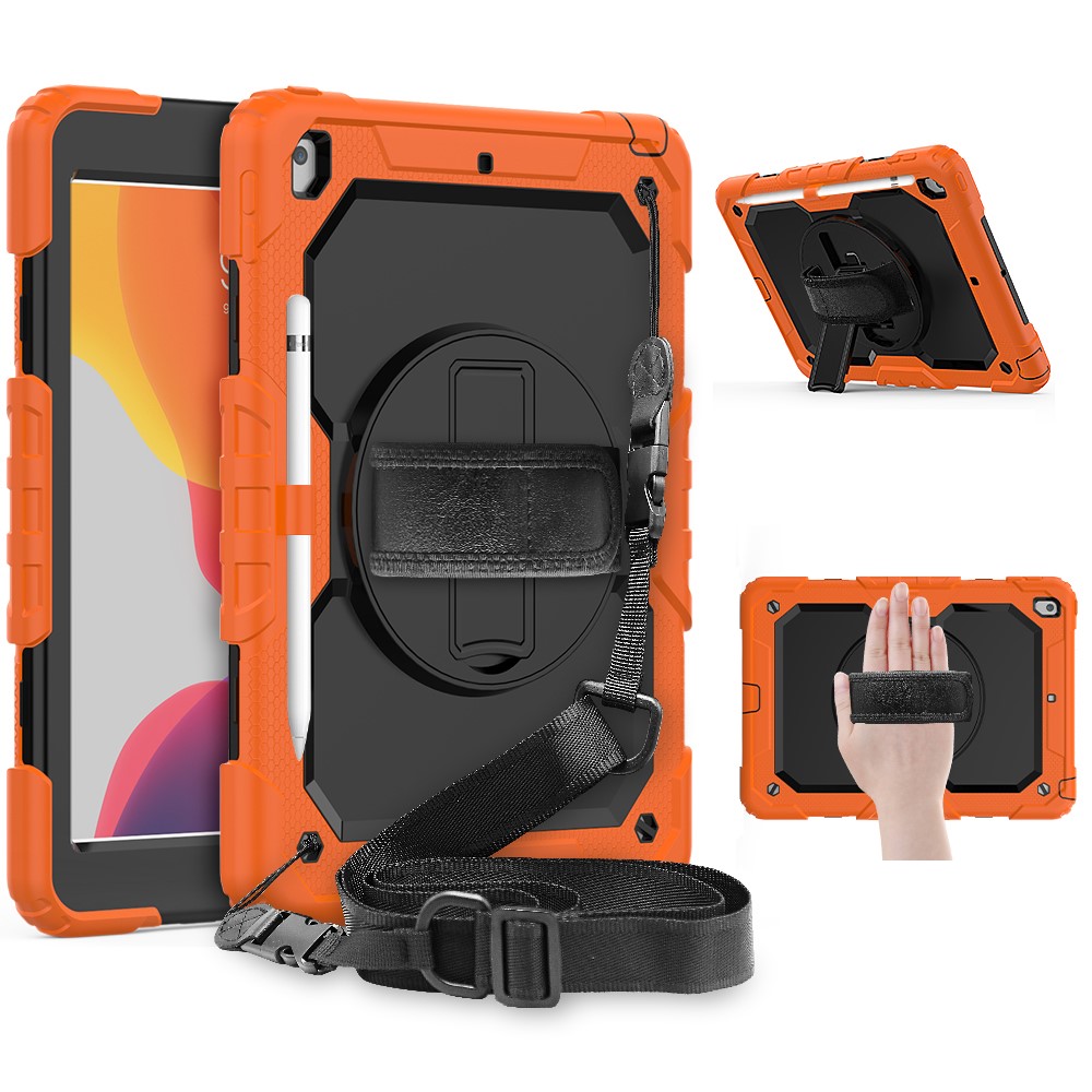 For iPad 10.2 (2020)/(2019) 360° Swivel Kickstand PC + Silicone Tablet Case Hand Strap Protective Cover with Shoulder Strap - Orange/Black