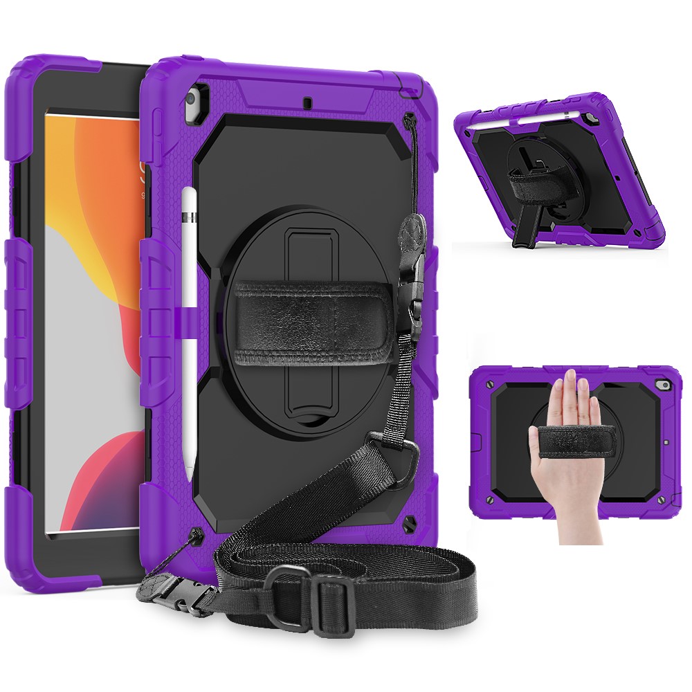 For iPad 10.2 (2020)/(2019) 360° Swivel Kickstand PC + Silicone Tablet Case Hand Strap Protective Cover with Shoulder Strap - Purple/Black