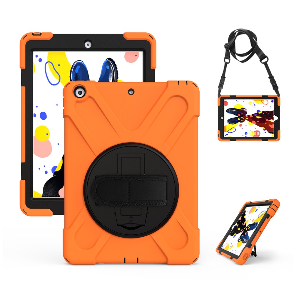 X-Shape PC + TPU Hybrid Case / 360 Degree Swivel Kickstand Shoulder Strap for iPad 10.2 (2021) / (2020) / (2019) - Orange