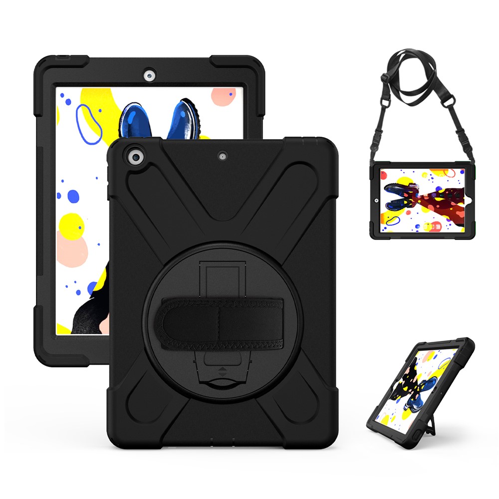 X-Shape PC + TPU Hybrid Case / 360 Degree Swivel Kickstand Shoulder Strap for iPad 10.2 (2021) / (2020) / (2019) - Black