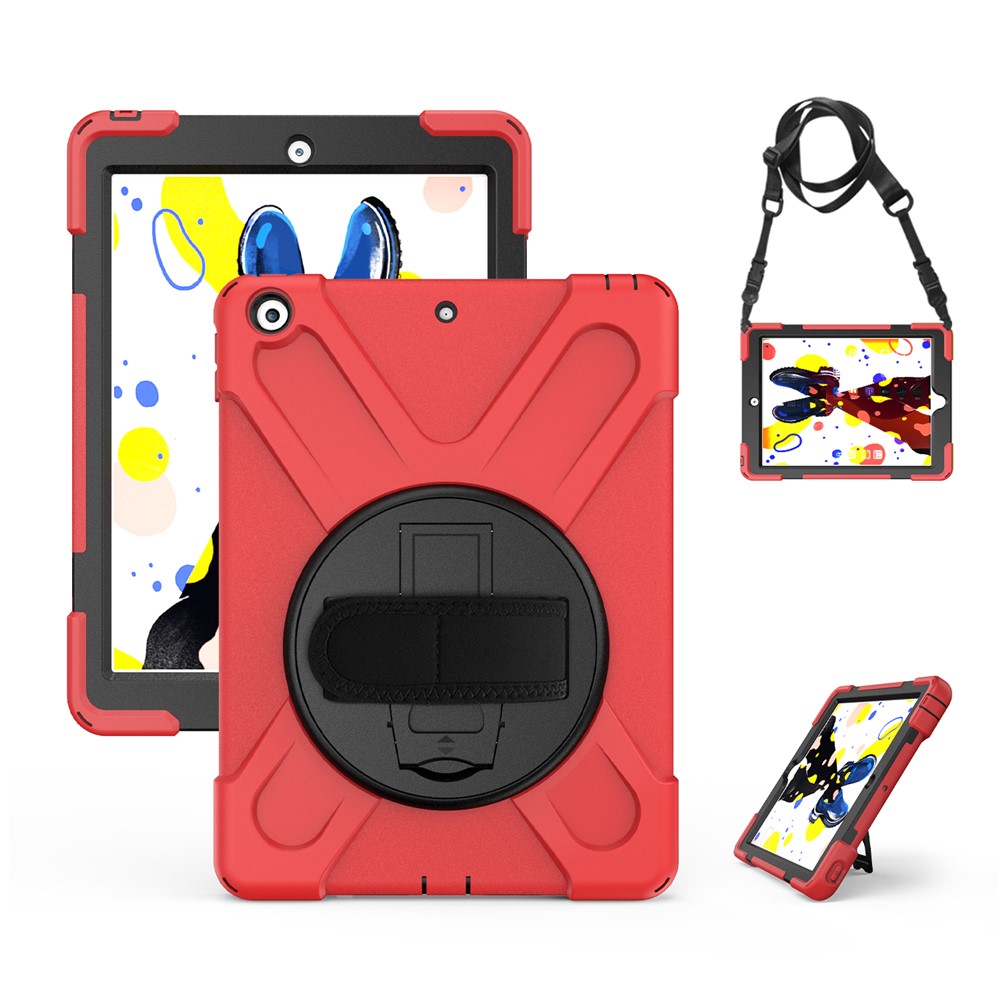 X-Shape PC + TPU Hybrid Case / 360 Degree Swivel Kickstand Shoulder Strap for iPad 10.2 (2021) / (2020) / (2019) - Red