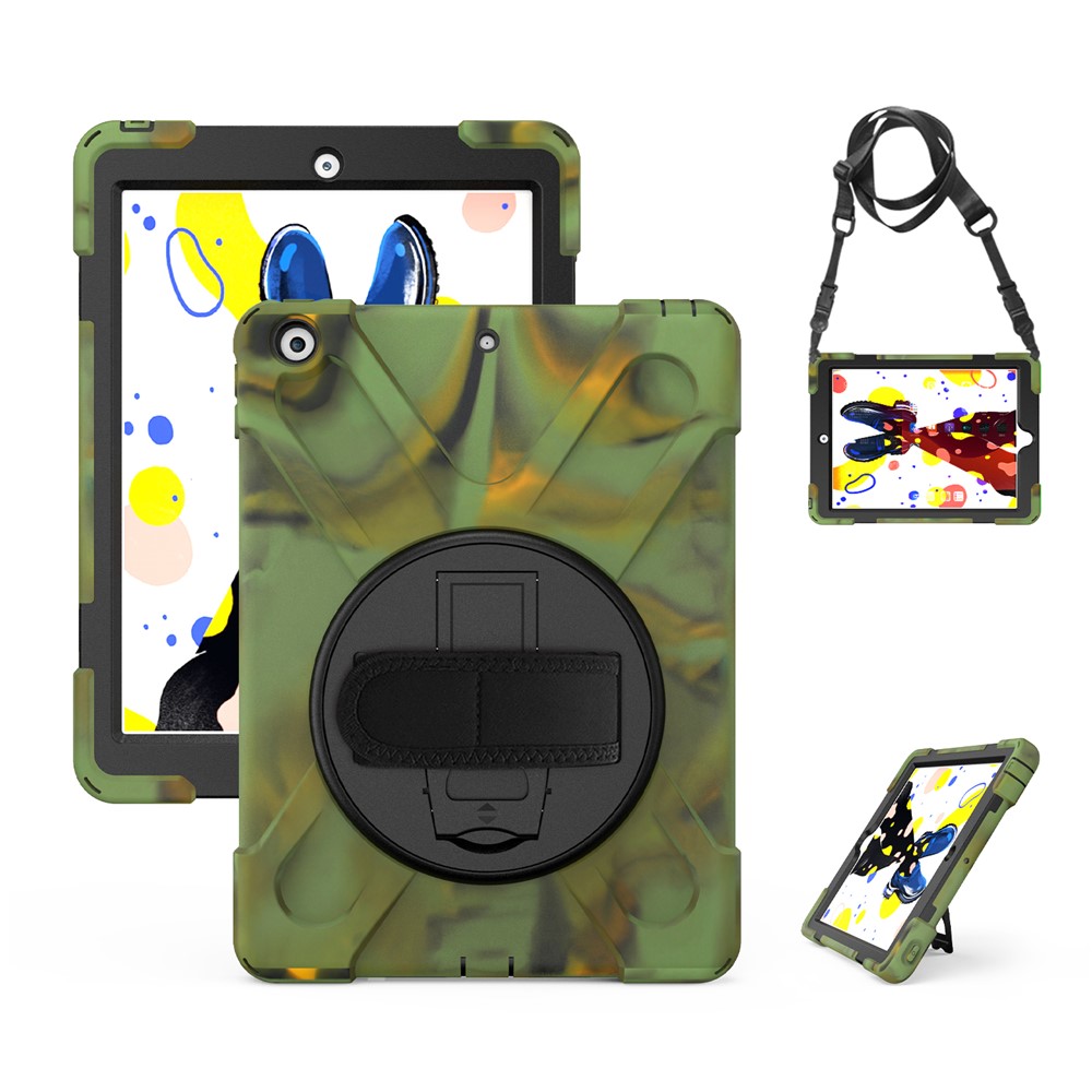 X-Shape PC + TPU Hybrid Case / 360 Degree Swivel Kickstand Shoulder Strap for iPad 10.2 (2021) / (2020) / (2019) - Camouflage