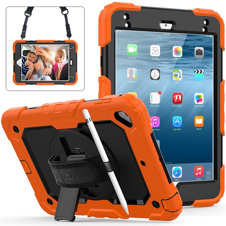 360° Swivel Handy Strap PC Silicone Kickstand Case with Shoulder Strap + Screen Protector for iPad mini (2019) 7.9 inch / mini 4 - Orange / Black-1