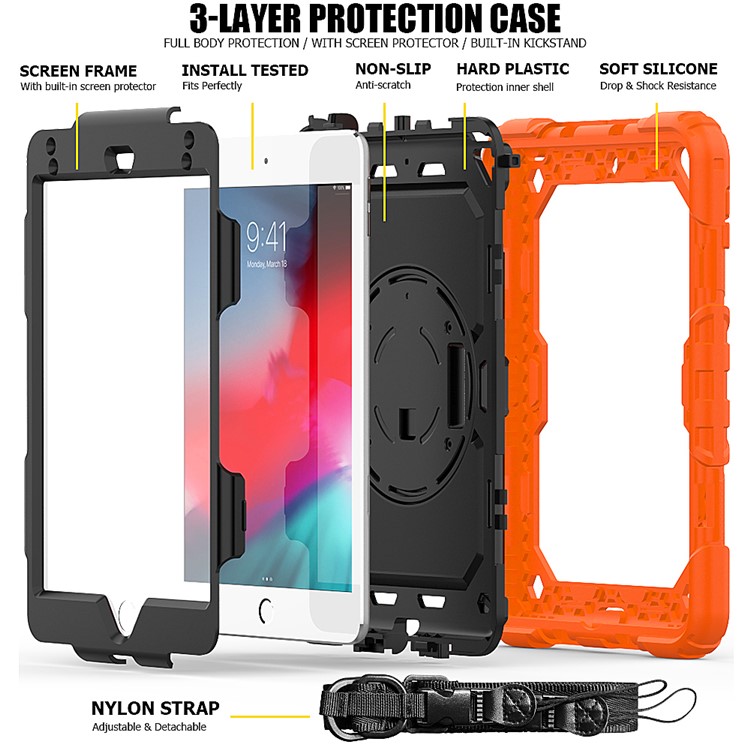 360° Swivel Handy Strap PC Silicone Kickstand Case with Shoulder Strap + Screen Protector for iPad mini (2019) 7.9 inch / mini 4 - Orange / Black-4