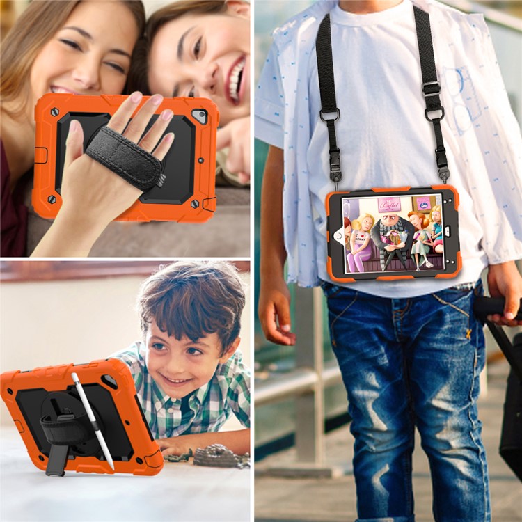 360° Swivel Handy Strap PC Silicone Kickstand Case with Shoulder Strap + Screen Protector for iPad mini (2019) 7.9 inch / mini 4 - Orange / Black-5