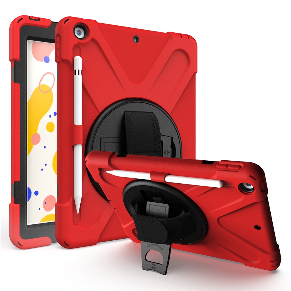 For iPad 10.2 (2021) / (2020) / (2019) 360 Degree Swivel Kickstand PC + Silicone Tablet Case Hand Holder Strap Anti-drop Case with Pen Slot - Red