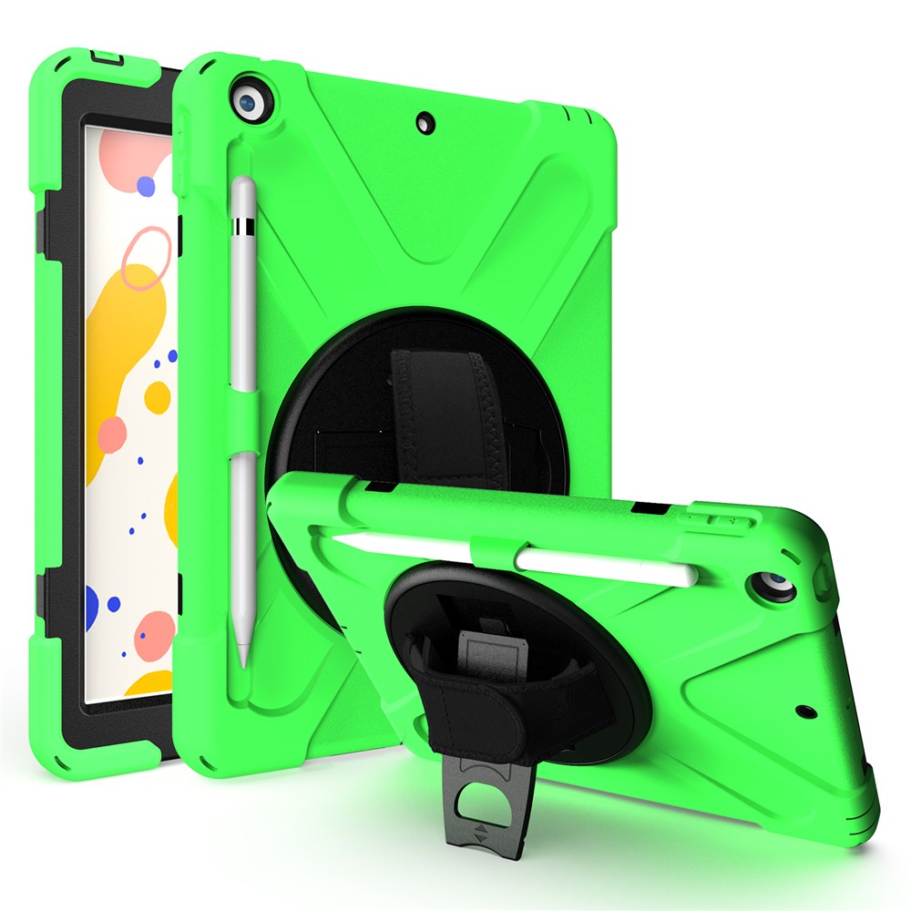 For iPad 10.2 (2021) / (2020) / (2019) 360 Degree Swivel Kickstand PC + Silicone Tablet Case Hand Holder Strap Anti-drop Case with Pen Slot - Green