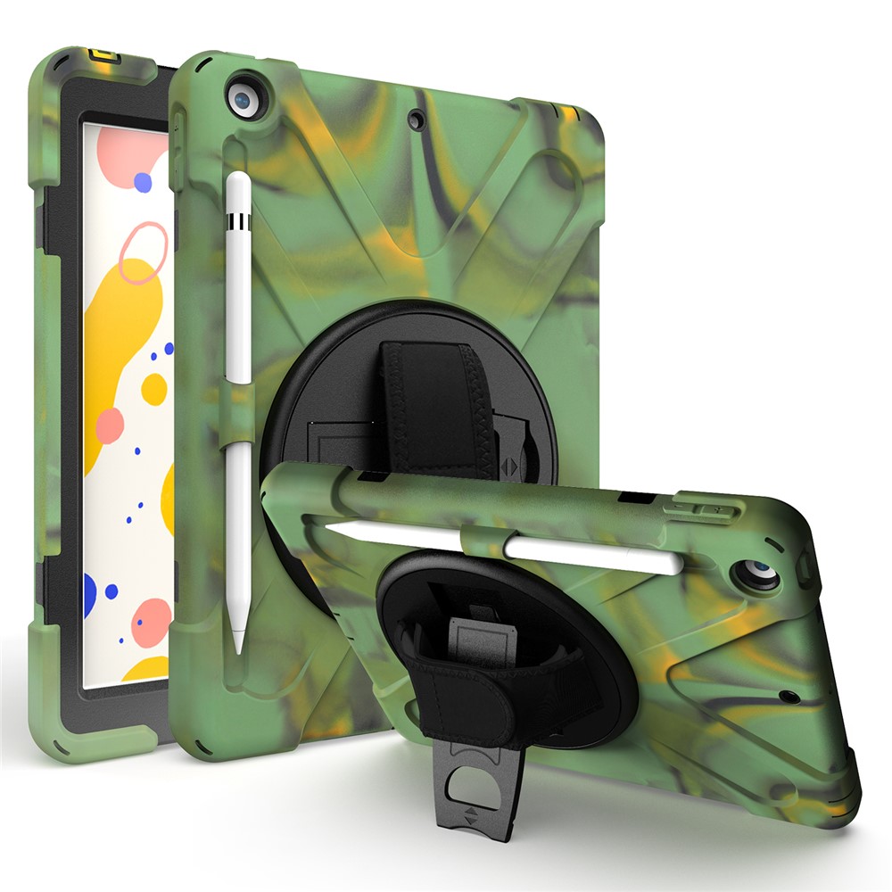 For iPad 10.2 (2021) / (2020) / (2019) 360 Degree Swivel Kickstand PC + Silicone Tablet Case Hand Holder Strap Anti-drop Case with Pen Slot - Camouflage