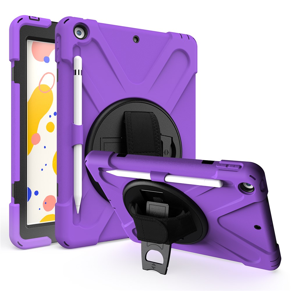 For iPad 10.2 (2021) / (2020) / (2019) 360 Degree Swivel Kickstand PC + Silicone Tablet Case Hand Holder Strap Anti-drop Case with Pen Slot - Purple