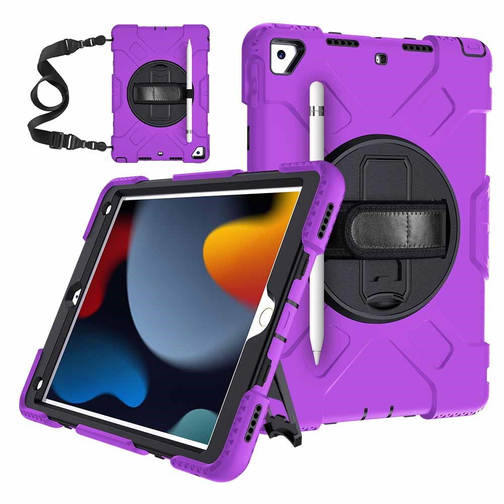 Rotating Kickstand PC + Silicone Tablet Case  for iPad 10.2 (2020)/(2019), Hand Strap Tablet Cover with Shoulder Strap - Purple Outer Layer/Black