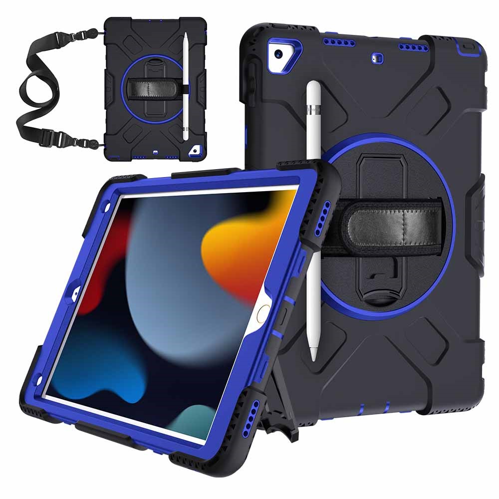 Rotating Kickstand PC + Silicone Tablet Case  for iPad 10.2 (2020)/(2019), Hand Strap Tablet Cover with Shoulder Strap - Black Outer Layer/Blue