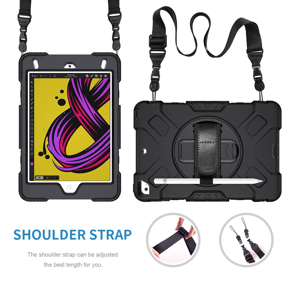 Rotating Kickstand PC + Silicone Tablet Hybrid Case with Hand Strap Shoulder Strap for iPad mini 4/mini (2019) 7.9 inch-12