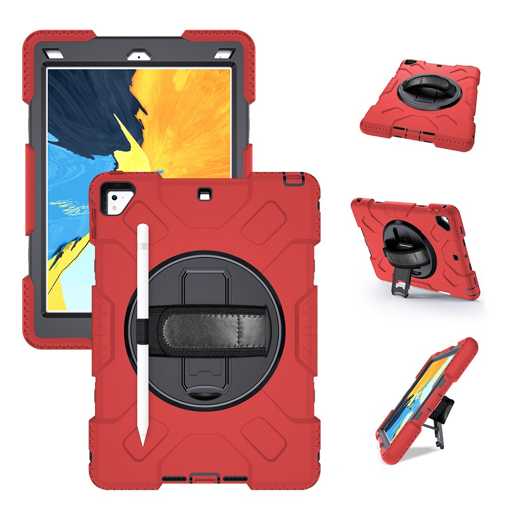 [Built-in Hand Strap] Rotating Kickstand PC + Thicken Silicone Tablet Hybrid Case with Shoulder Strap for iPad 9.7-inch (2018)/(2017)/iPad Pro (2016)/iPad Air 2 - Red Outer Layer/Black