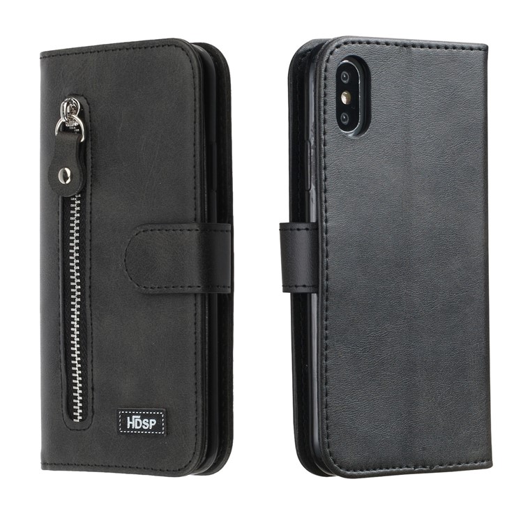 Zipper Pocket Wallet Stand PU Leather Case for iPhone XS Max 6.5 inch - Black-1