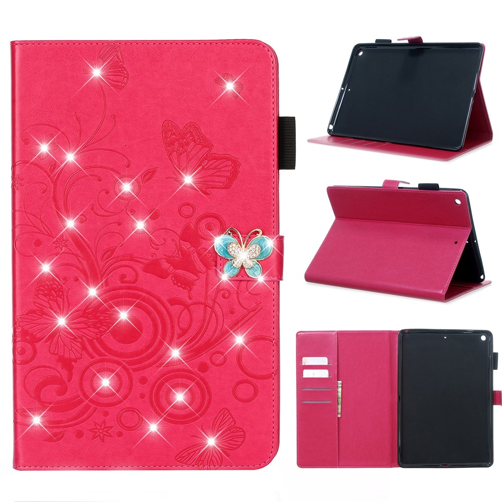 Imprint Flower Butterfly Rhinestone Wallet Leather Stand Case for iPad 10.2 (2020) (2019) - Red-1