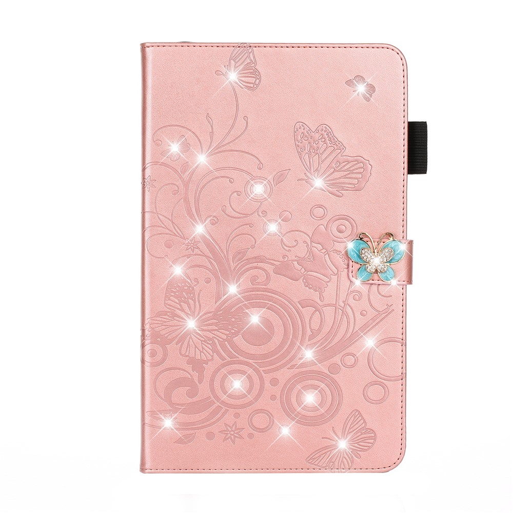 Imprint Flower Butterfly Rhinestone Wallet Leather Stand Case for iPad 10.2 (2019) - Rose Gold-1