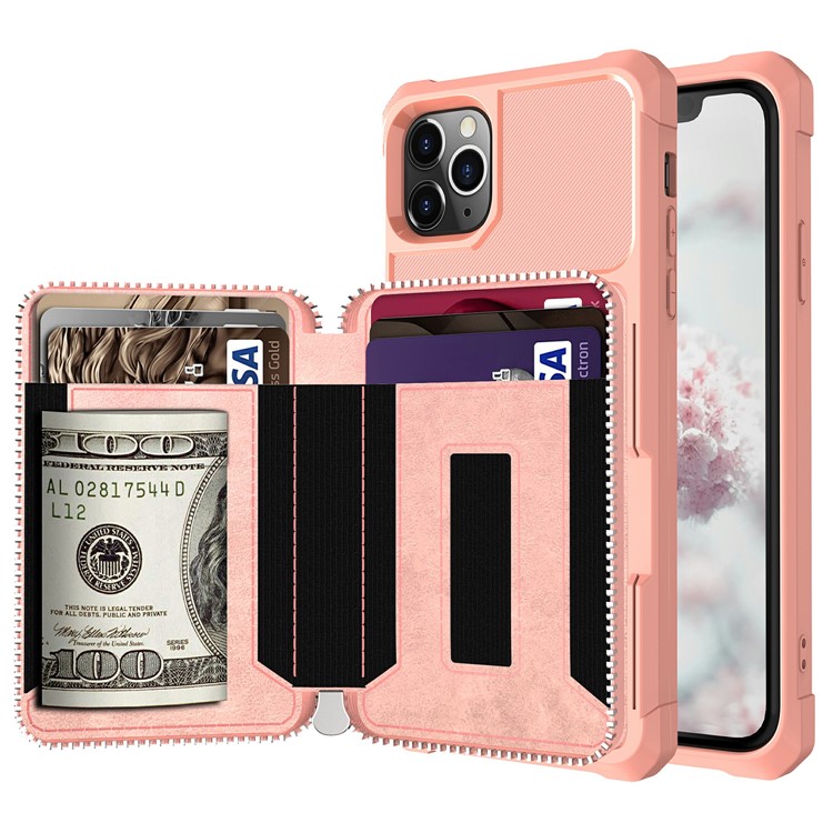 Reißverschluss Geldbörse Leder Telefonkasten Für IPhone 11 Pro 6,5 Inch Max - Rosa-1