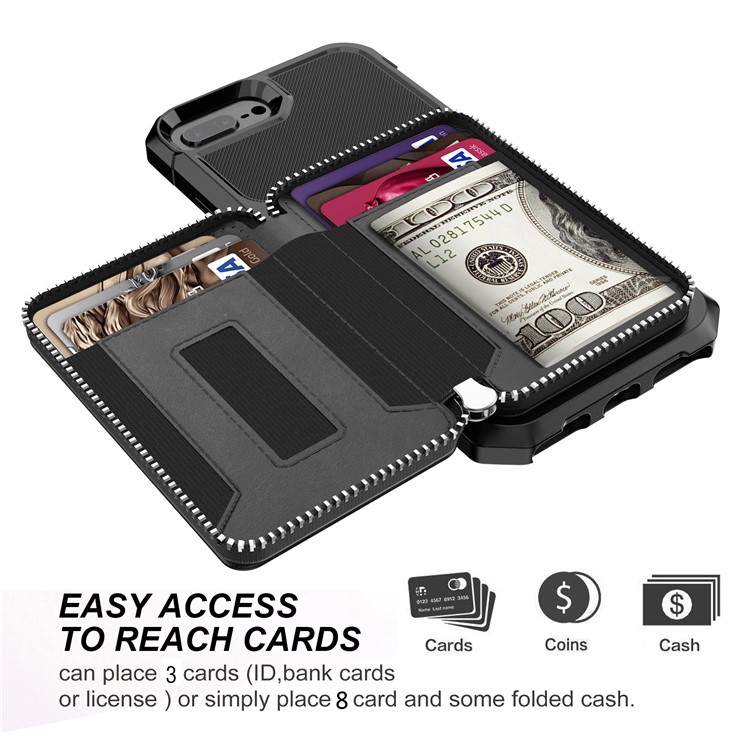 Zipper Wallet Leather Phone Case Cover for iPhone 8 Plus/7 Plus - Black-6