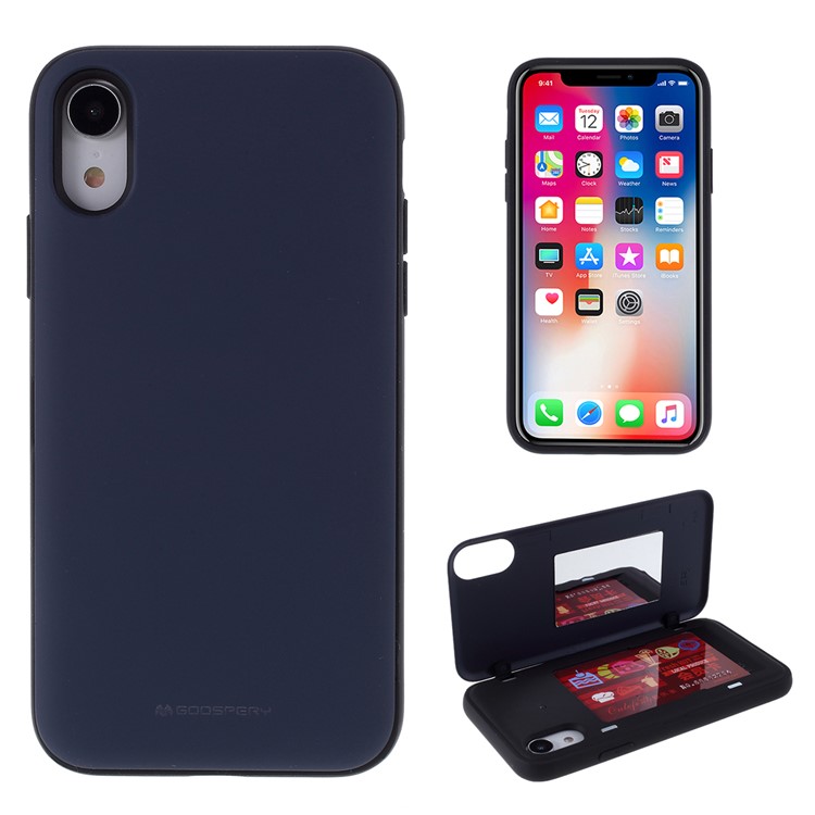 MERCURY GOOSPERY Auto-absorbed PC+TPU Cell Shell with Card Holder Mirror for iPhone XR 6.1 inch - Dark Blue-1