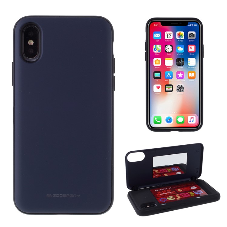 MERCURY GOOSPERY Auto-absorbed Plastic+TPU Phone Case with Card Holder Mirror for iPhone XS / X 5.8-inch - Dark Blue-1