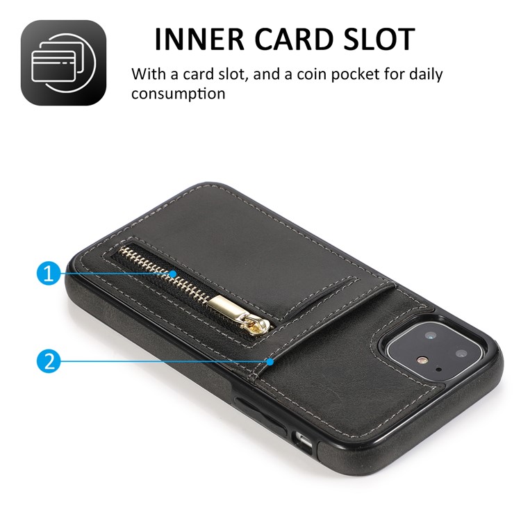 Zipper Pocket Leather Coated TPU Back Case with Card Slot for iPhone 11 6.1 inch - Black-2