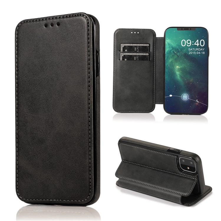 Knight Series Auto-absorbed Dual Card Slots Leather Stand Case for iPhone 11 6.1 inch - Black-1