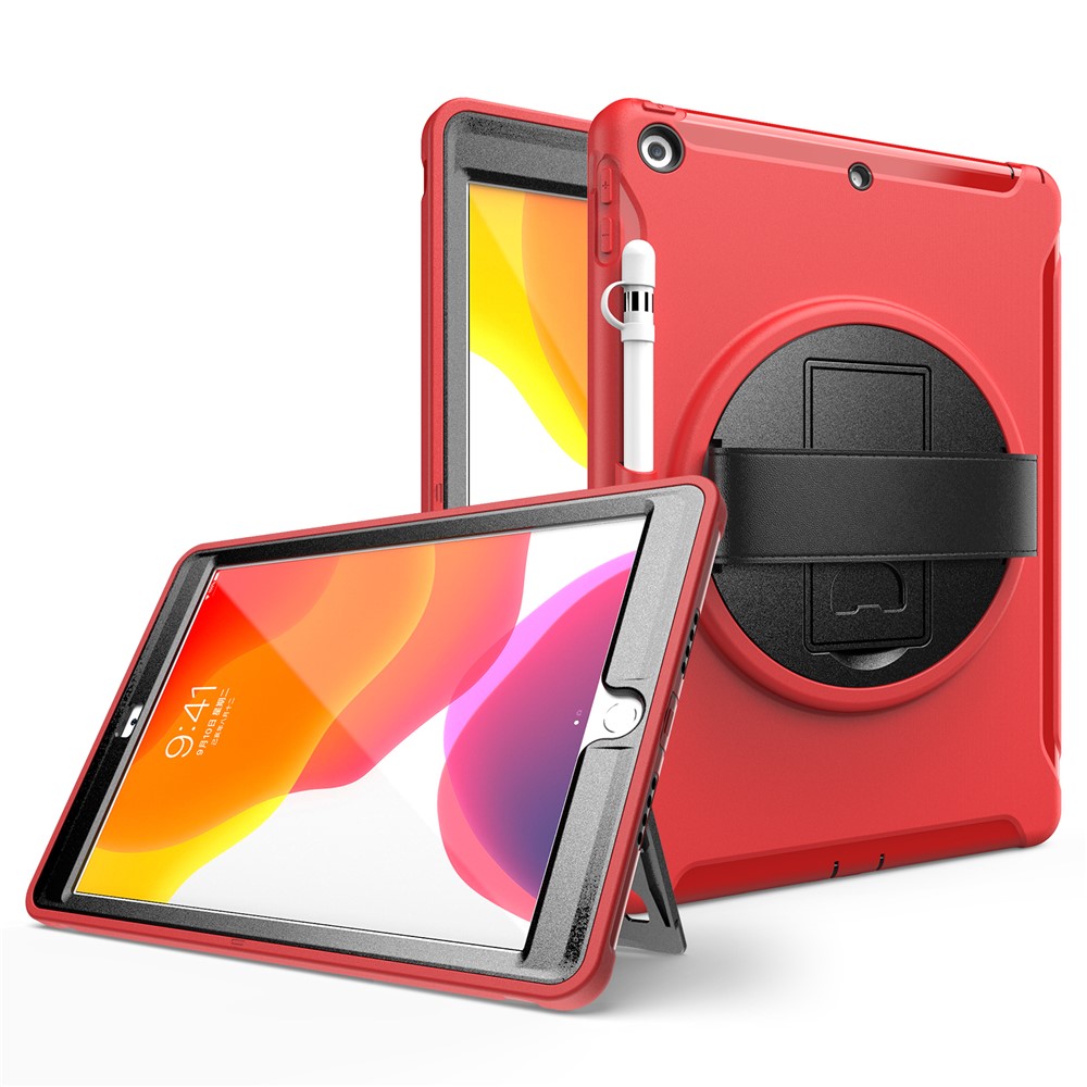 360° Swivel Kickstand PC + TPU Tablet Back Shell with Hand Strap for iPad 10.2 (2021)/(2020)/(2019) - Red