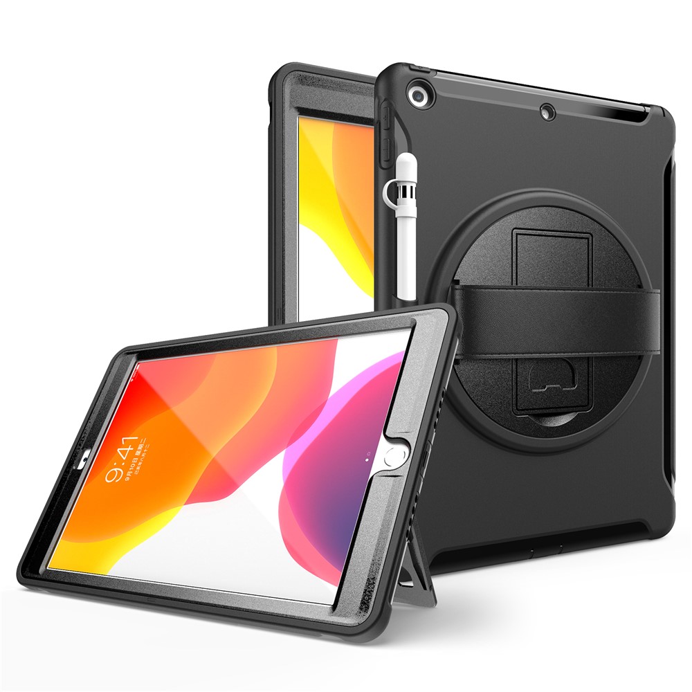 360° Swivel Kickstand PC + TPU Tablet Back Shell with Hand Strap for iPad 10.2 (2021)/(2020)/(2019) - Black