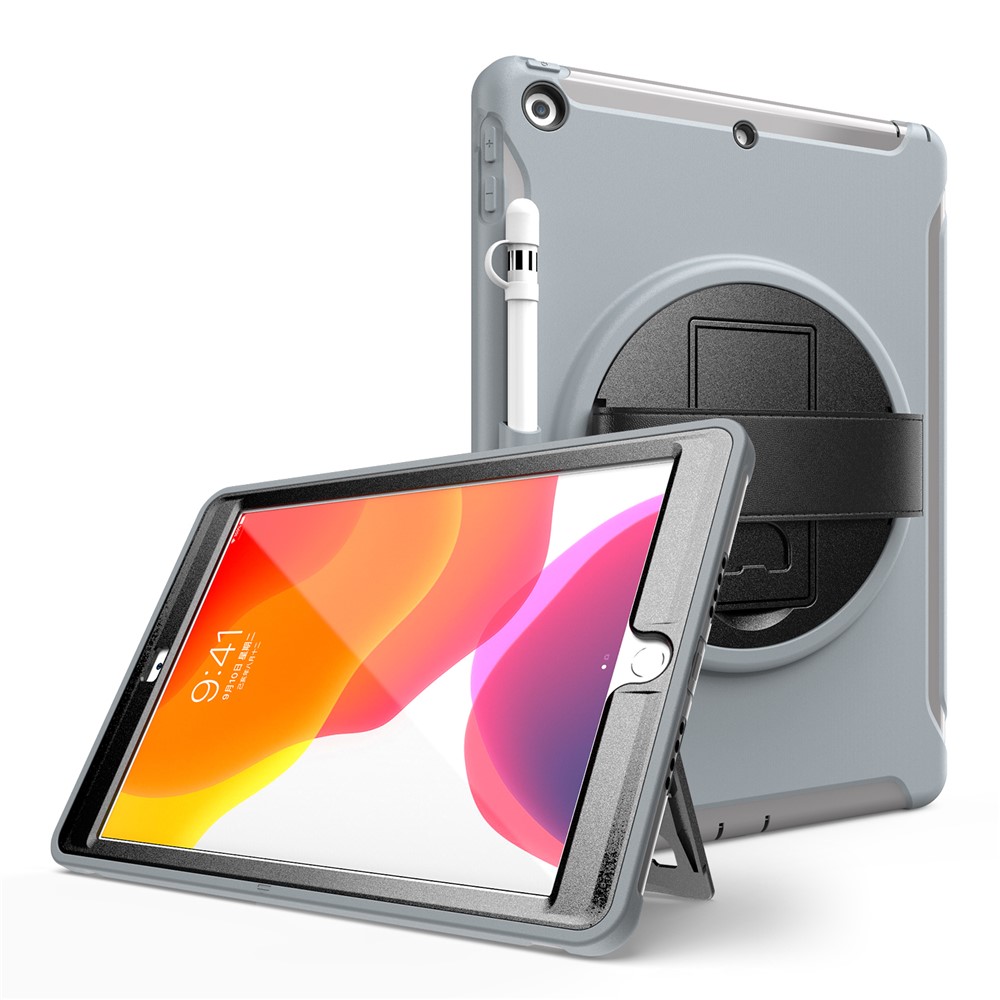 360° Swivel Kickstand PC + TPU Tablet Back Shell with Hand Strap for iPad 10.2 (2021)/(2020)/(2019) - Grey