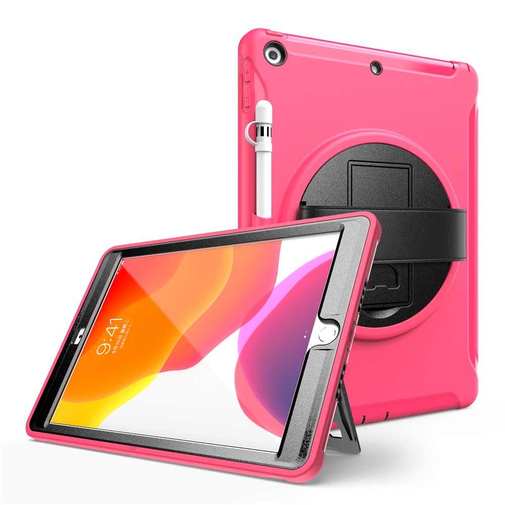 360° Swivel Kickstand PC + TPU Tablet Back Shell with Hand Strap for iPad 10.2 (2021)/(2020)/(2019) - Rose
