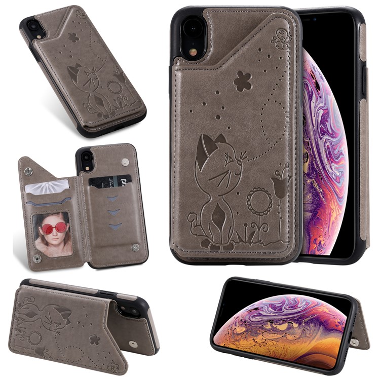 For iPhone XR 6.1 inch Imprint Cat and Bee Kickstand Card Holder PU Leather Coated TPU Case - Grey-1