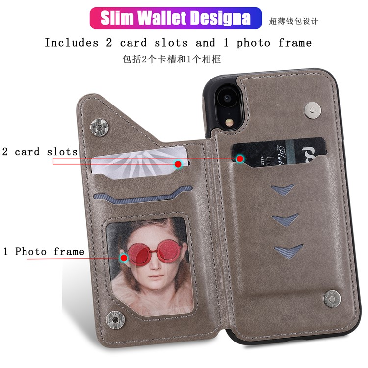 For iPhone XR 6.1 inch Imprint Cat and Bee Kickstand Card Holder PU Leather Coated TPU Case - Grey-11