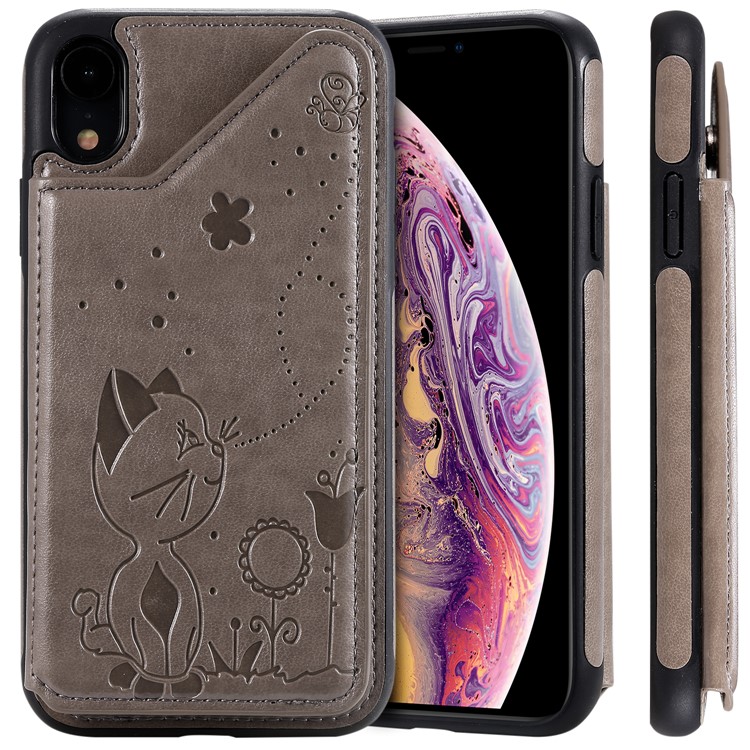 For iPhone XR 6.1 inch Imprint Cat and Bee Kickstand Card Holder PU Leather Coated TPU Case - Grey-12