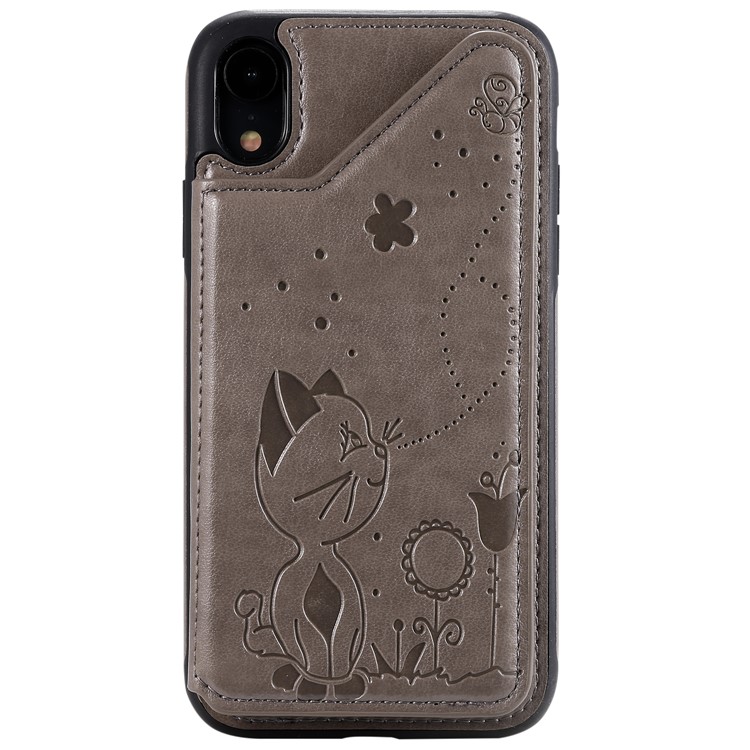 For iPhone XR 6.1 inch Imprint Cat and Bee Kickstand Card Holder PU Leather Coated TPU Case - Grey-13