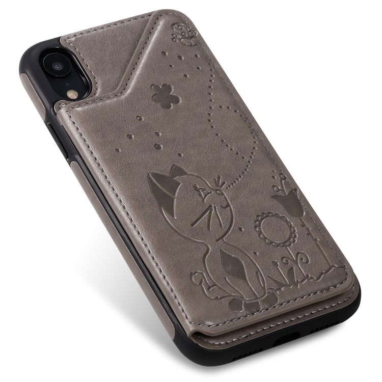 For iPhone XR 6.1 inch Imprint Cat and Bee Kickstand Card Holder PU Leather Coated TPU Case - Grey-18