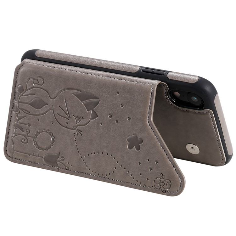 For iPhone XR 6.1 inch Imprint Cat and Bee Kickstand Card Holder PU Leather Coated TPU Case - Grey-19