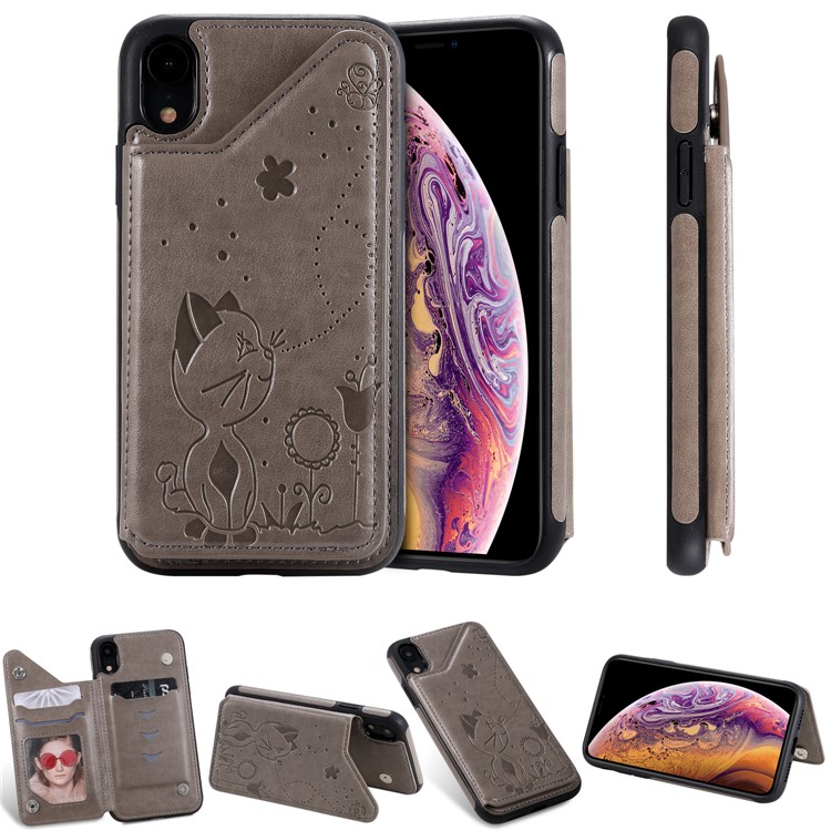 For iPhone XR 6.1 inch Imprint Cat and Bee Kickstand Card Holder PU Leather Coated TPU Case - Grey-21