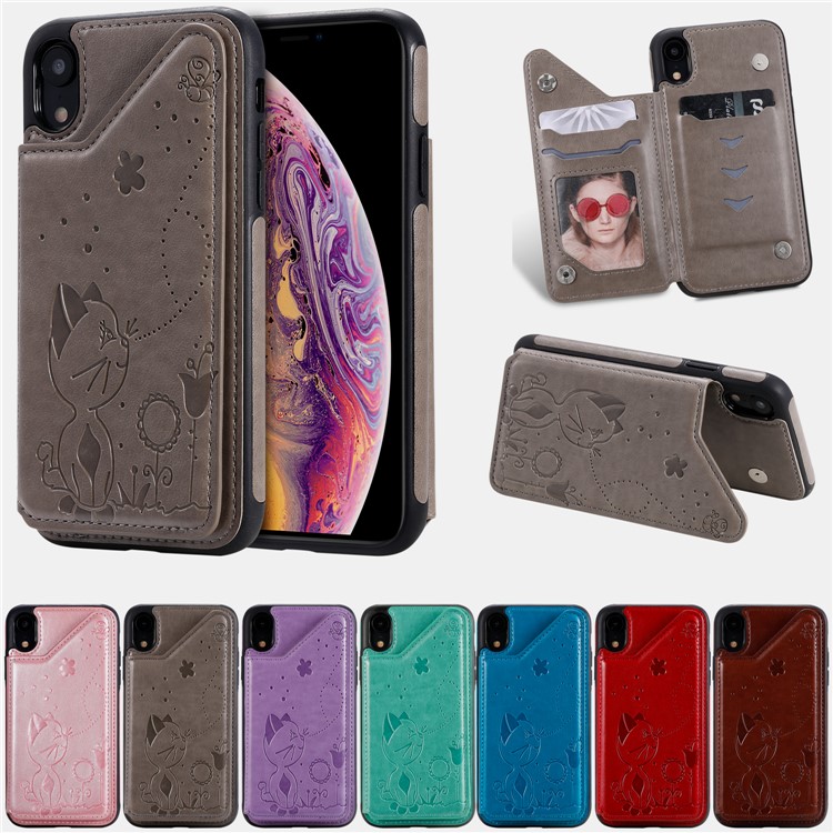 For iPhone XR 6.1 inch Imprint Cat and Bee Kickstand Card Holder PU Leather Coated TPU Case - Grey-22