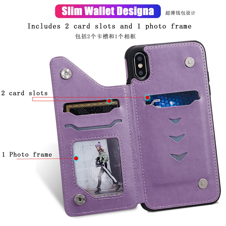 Imprint Cat and Bee Kickstand Card Holder PU Leather Coated TPU Cover for iPhone XS Max 6.5 inch - Purple-11