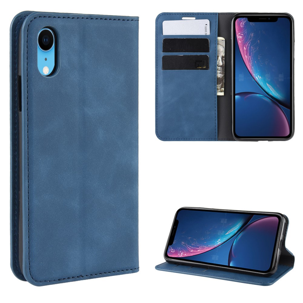 Silky Touch Leather Wallet Stand Cell Phone Case for iPhone XR 6.1 inch - Blue