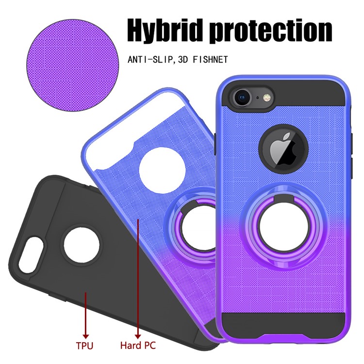 Finger Ring Kickstand Gradient Color Detachable TPU + PC Hybrid Case Shell for iPhone 8/7/6s/6 (Built-in Metal Sheet) - Blue / Purple-3