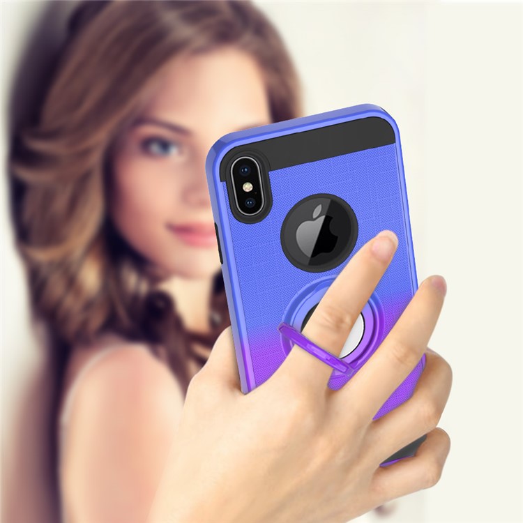 Finger Ring Kickstand Gradient Color Detachable TPU + PC Combo Shell for iPhone XS Max 6.5 inch (Built-in Metal Sheet) - Blue / Purple-8