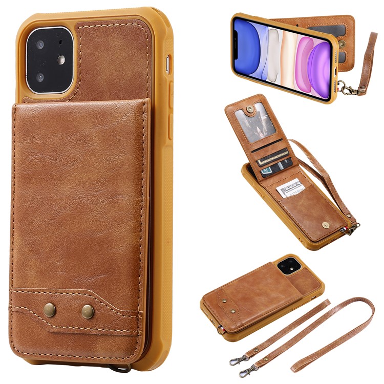 PU Leather Coated TPU Cover with Card Holders for iPhone 11 6.1 inch - Brown-1