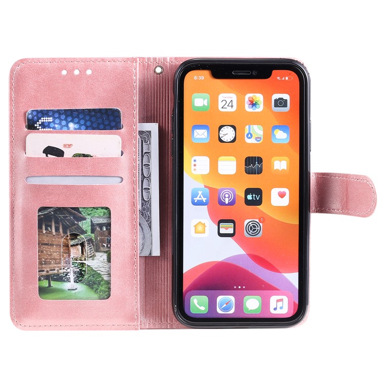 Rhombus Pattern Wallet Stand Leather Phone Cover with Strap for iPhone 11 6.1 inch - Rose Gold-5