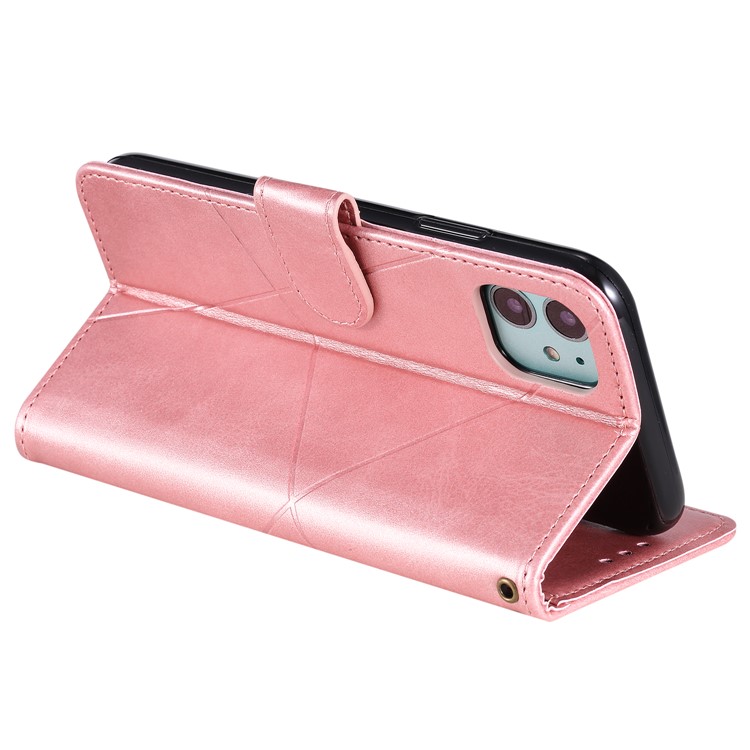 Rhombus Pattern Wallet Stand Leather Phone Cover with Strap for iPhone 11 6.1 inch - Rose Gold-7