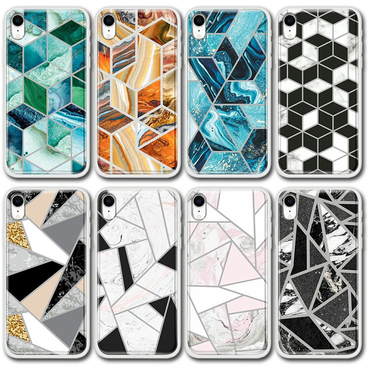 For iPhone XR 6.1 inch Marble Pattern Silver Plated IMD PC Back Plate + TPU Frame Cover - Style A-5