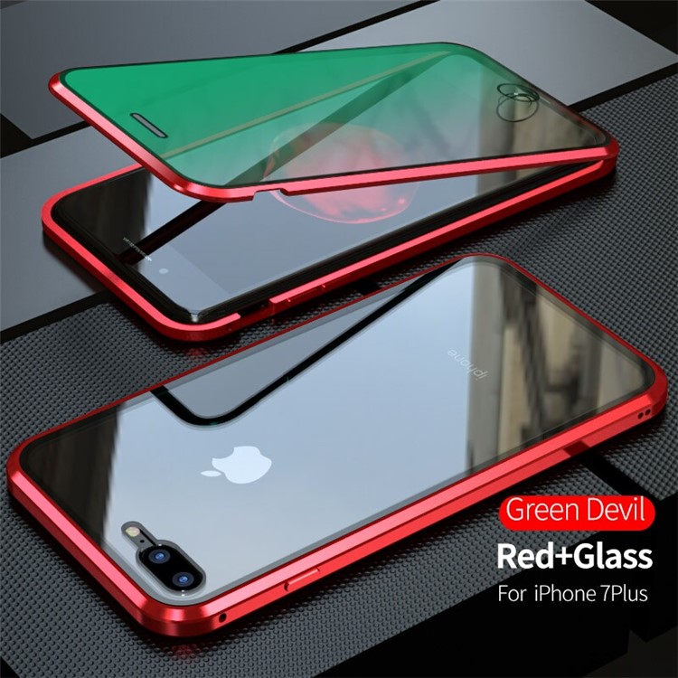 Vidrios Templados Diablo Serie De Protección De Ojo Verde + Caja Del Teléfono Marco De Metal Magnético Para El IPhone 8 Plus / 7 Además De 5,5 Pulgadas - Rojo-2