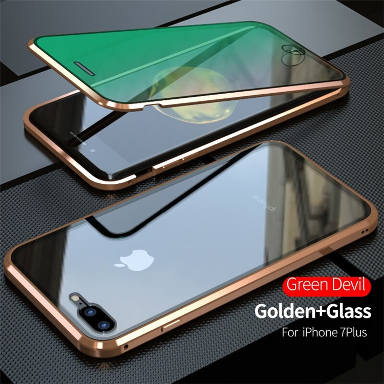 Vidrios Templados Diablo Serie De Protección De Ojo Verde + Caja Del Teléfono Marco De Metal Magnético Para El IPhone 8 Plus / 7 Además De 5,5 Pulgadas - Oro-2