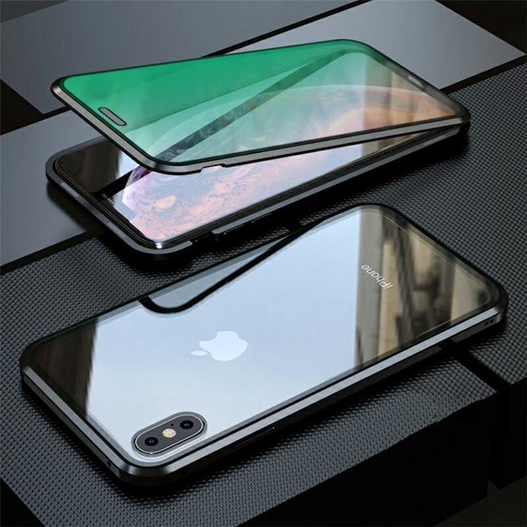 Green Devil Series Eyes-caring Magnetic Metal Frame + Anti-Green-Light Tempered Glass Protective Case Covering for iPhone X/XS 5.8 inch - Black
